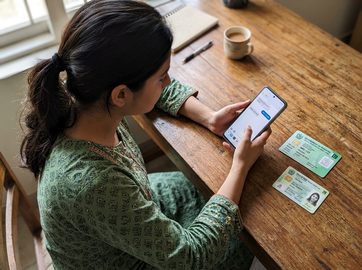 Person using smartphone with vehicle registration smart card
